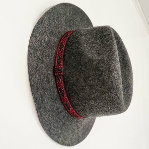 Gray Wool Fedora Hat with Red Patterned Band Summer Festival Bohemian